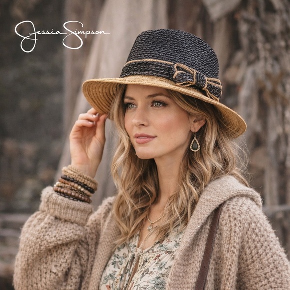 Jessica Simpson,NBW, Black Tan Straw Fedora Resort Beach Hat Bow Trim One Size - Picture 3 of 8